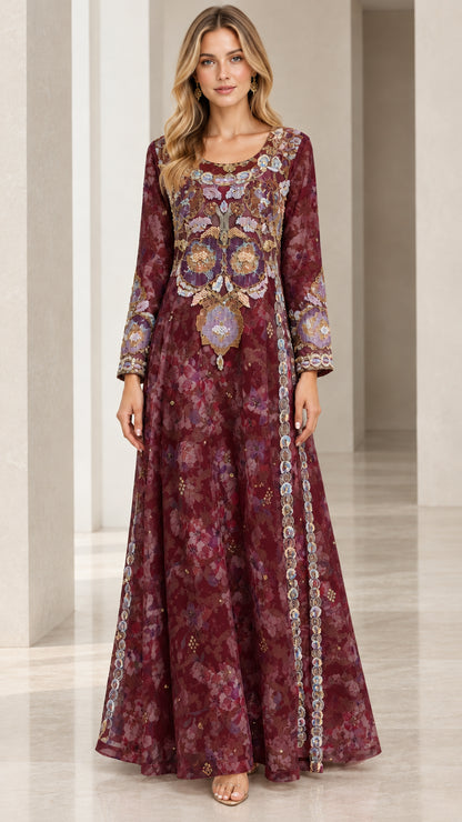 Full front view of burgundy floral embroidered long sleeve maxi dress