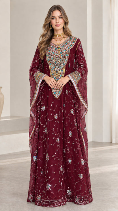Front full-length view of woman wearing burgundy wine embroidered kaftan dress