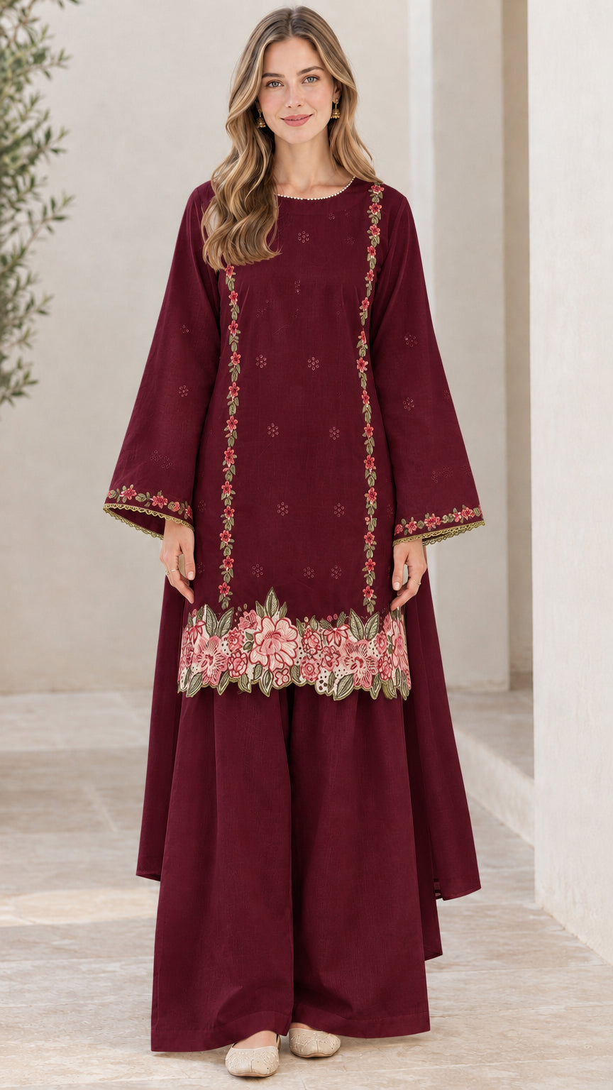 Front view of woman wearing burgundy wine floral embroidered tunic and wide-leg pants set