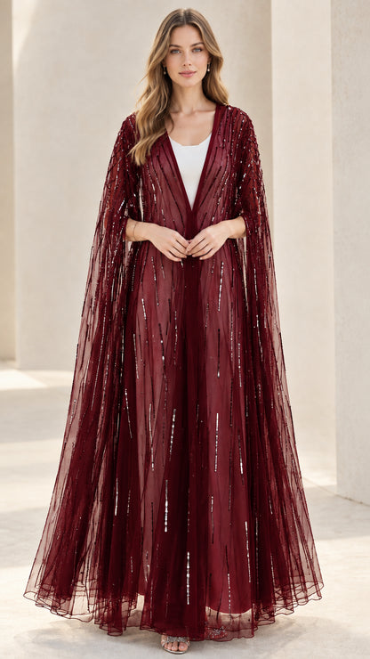 Burgundy wine red sparkling tulle floor-length evening cape