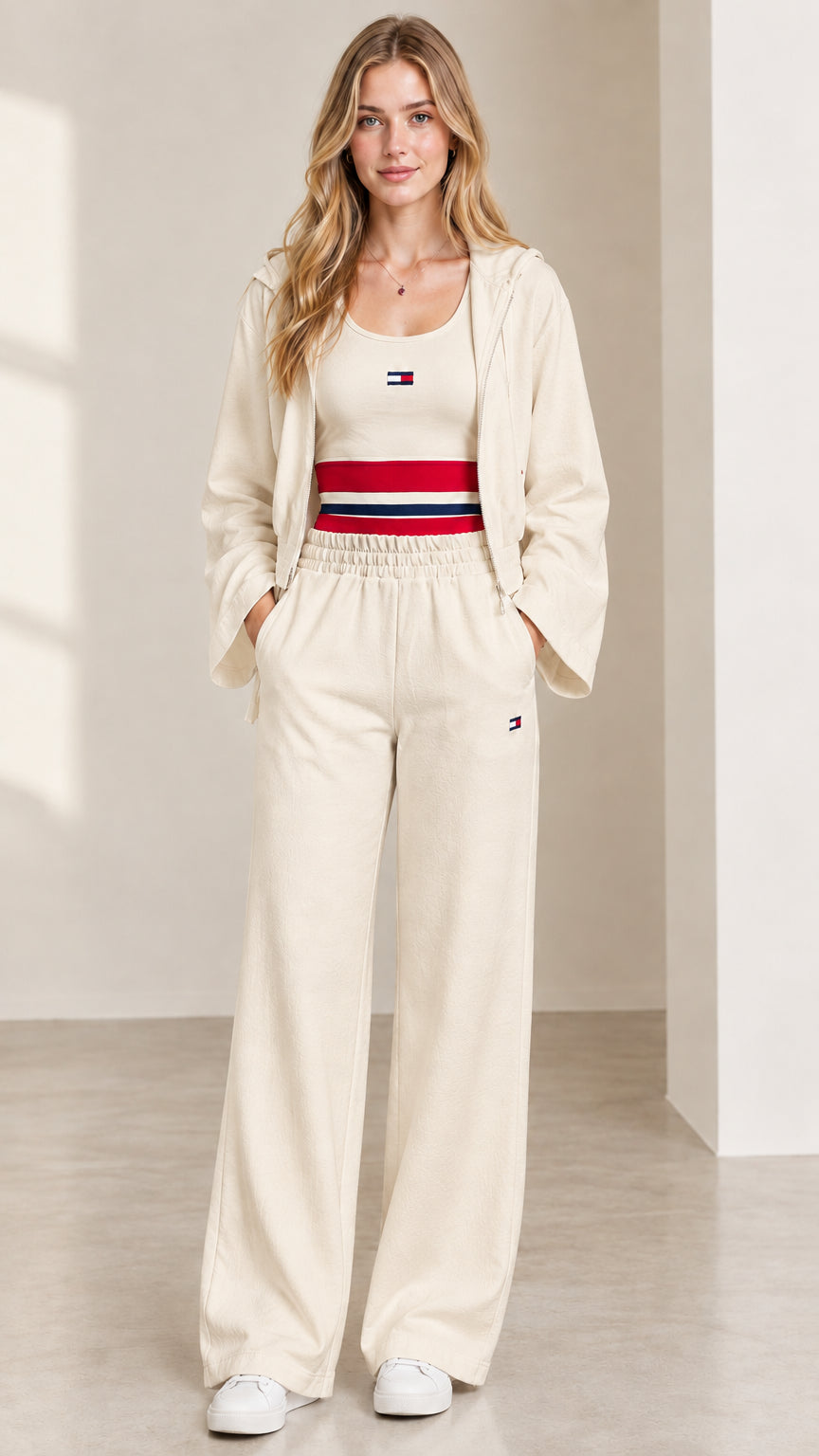 Women's 3-piece lounge set in cream off-white with cropped hoodie, tank, and wide leg pants
