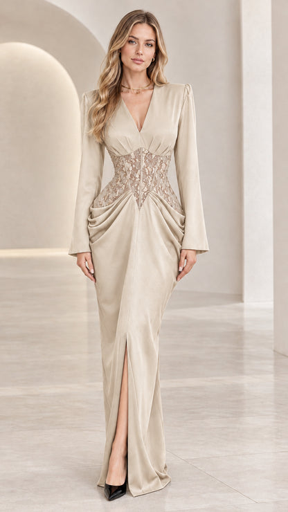 Champagne beige long sleeve evening gown with lace corset waist