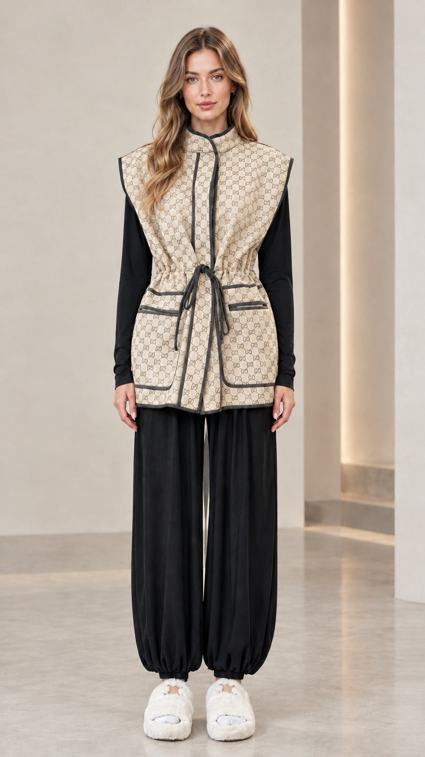 Full front view of woman wearing beige monogram drawstring waist vest