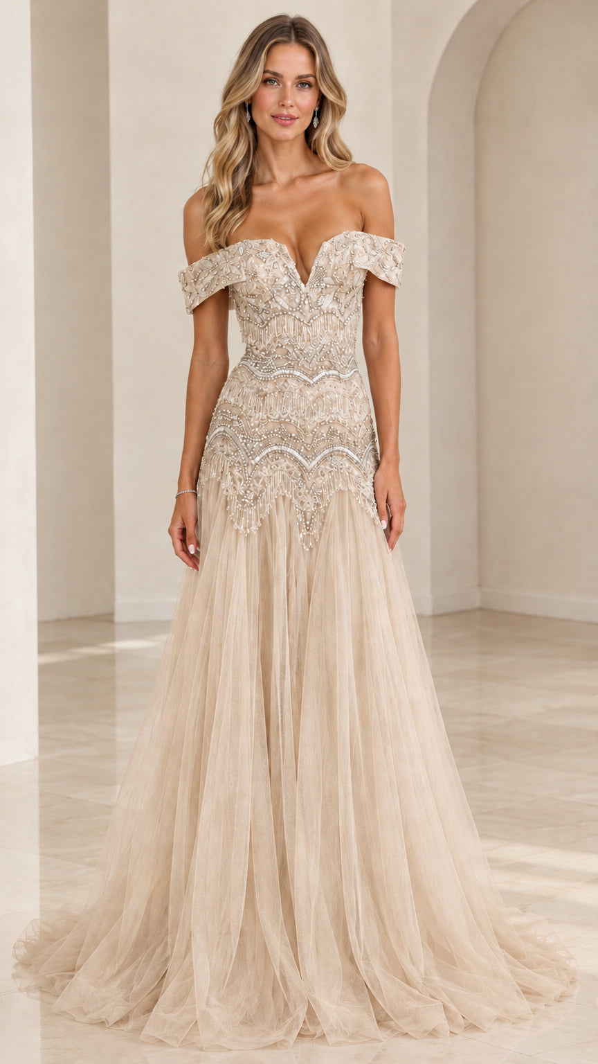 Champagne beige off-the-shoulder beaded A-line formal evening gown