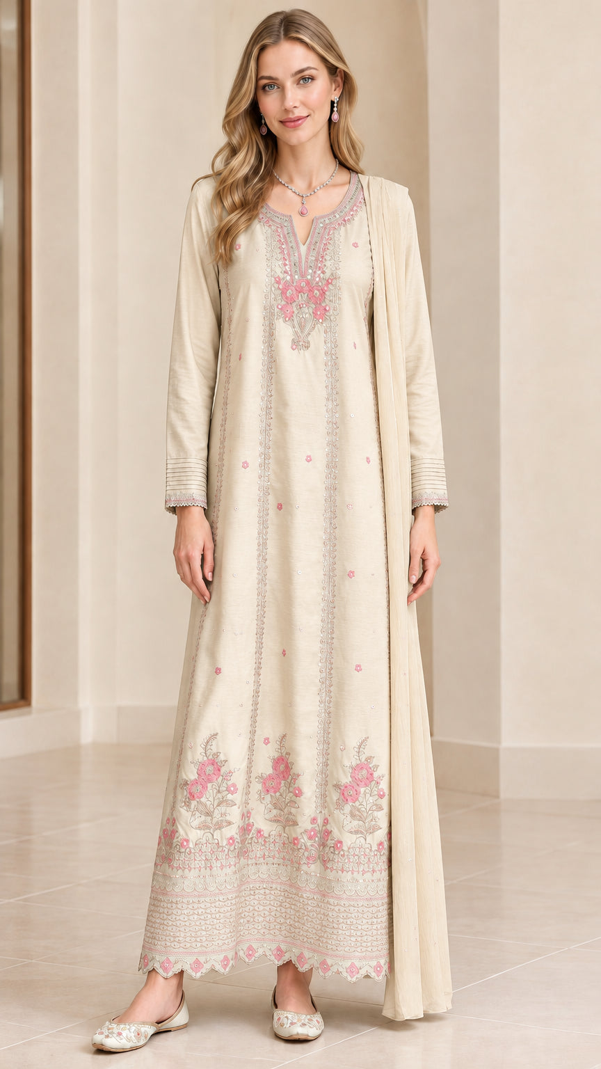 Front view of beige cream embroidered maxi dress with matching scarf