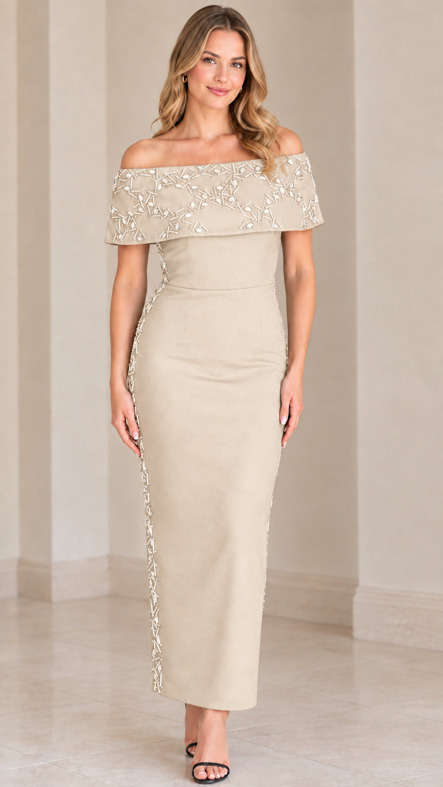 Champagne beige off-the-shoulder beaded formal column gown