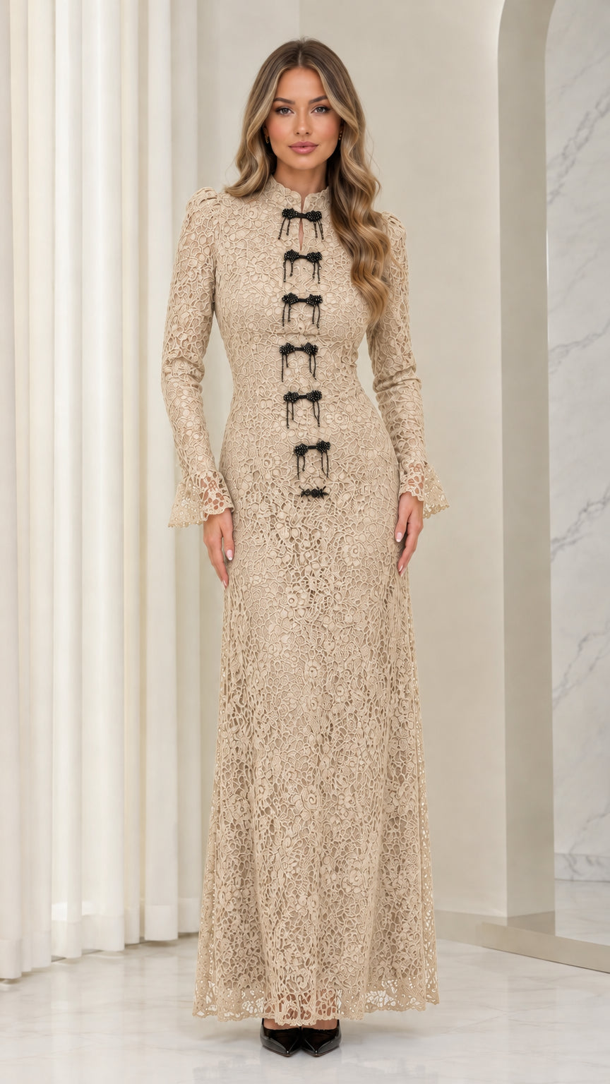Front full view of woman wearing champagne beige floral lace long-sleeve maxi dress