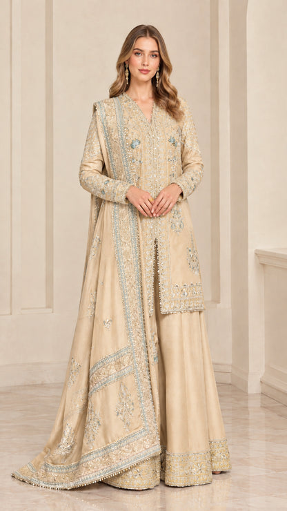 Full-length studio portrait of woman wearing Champagne embroidered sharara suit set