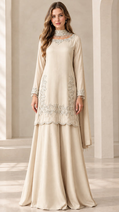 Full-length view of woman wearing Champagne beige embroidered sharara suit set