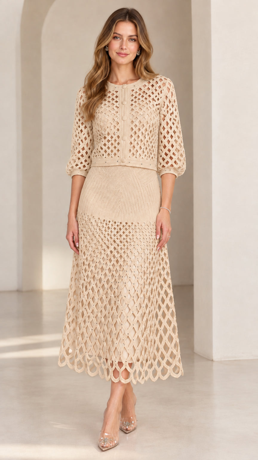 Beige champagne crochet cardigan and midi skirt set
