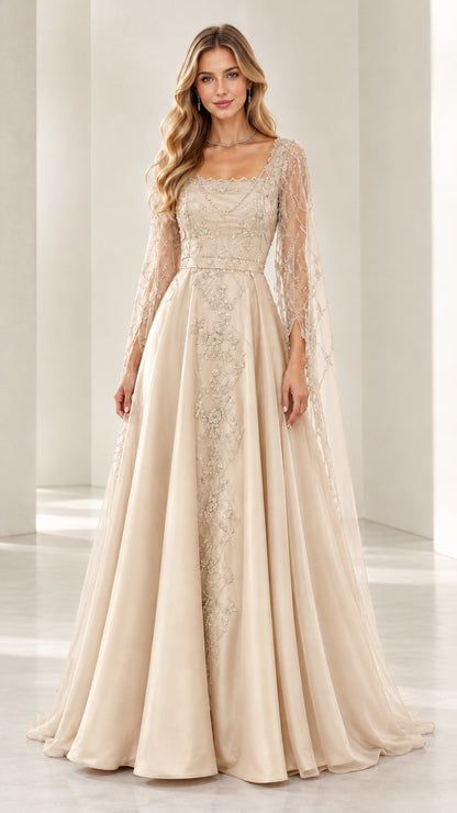 Woman wearing champagne gold embroidered beaded evening gown with cape sleeves