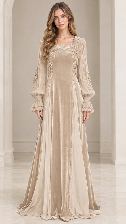Front view of champagne beige velvet evening gown with beaded neckline