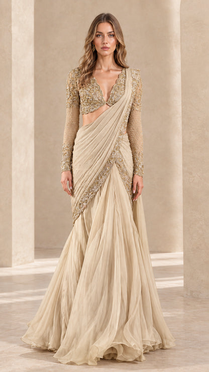 Front view of champagne beige pre-draped embellished fusion saree gown