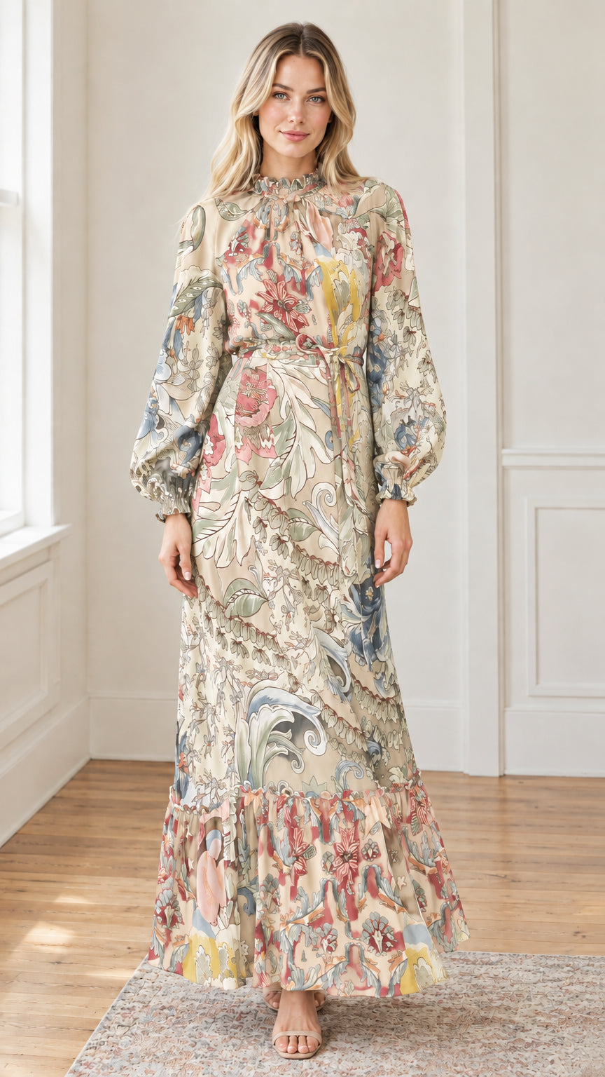 Woman modeling romantic high neck tiered long dress in beige multi