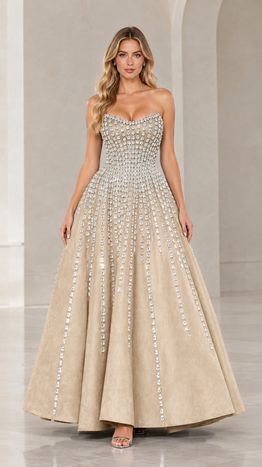 Full-length front view of champagne gold strapless rhinestone A-line evening dress