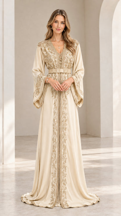 Front view of champagne cream embroidered Moroccan evening kaftan gown