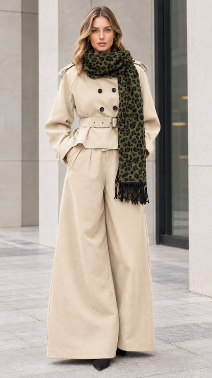 Beige cream cropped trench coat and tailored wide-leg trousers set