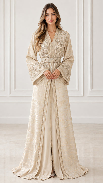 Full front view of model wearing Champagne beige embroidered modest kaftan dress