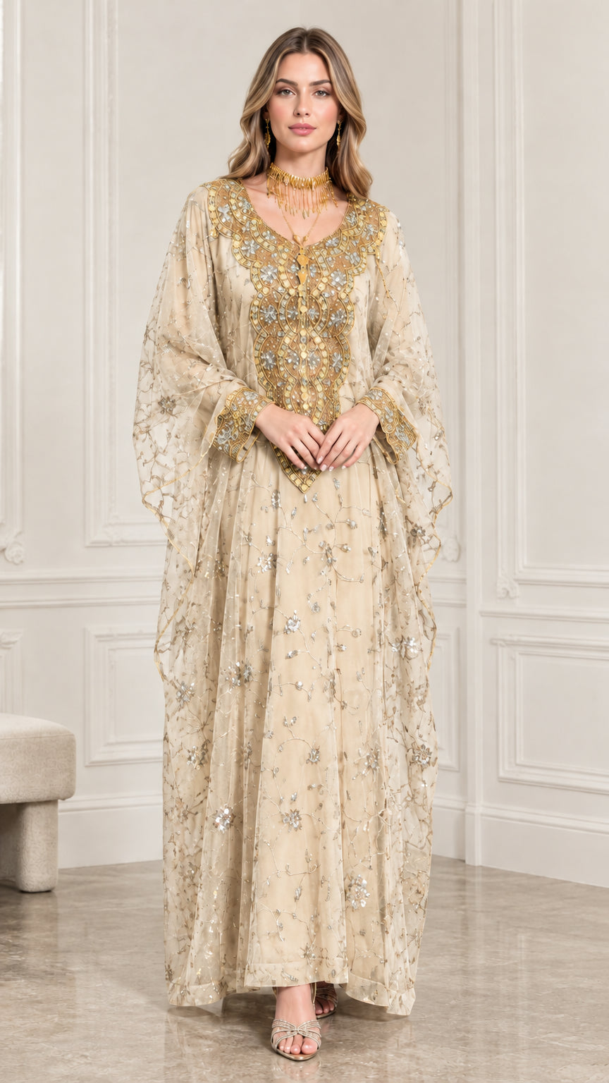 Champagne beige embellished kaftan dress for formal evening occasions