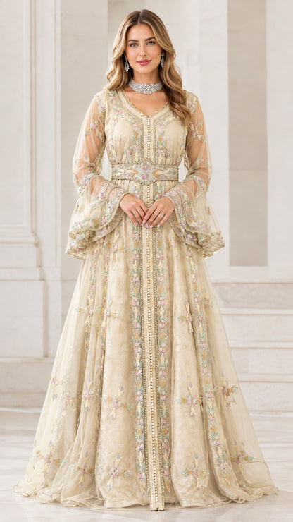Champagne gold embroidered Moroccan kaftan maxi dress