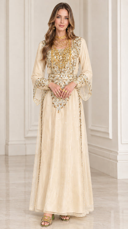 Champagne beige gold-embroidered formal kaftan dress