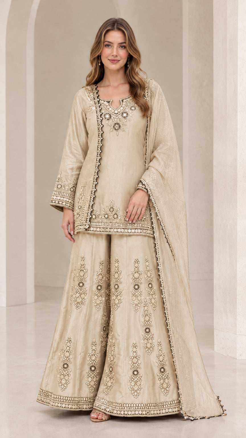 Champagne gold embroidered kurti sharara festive outfit