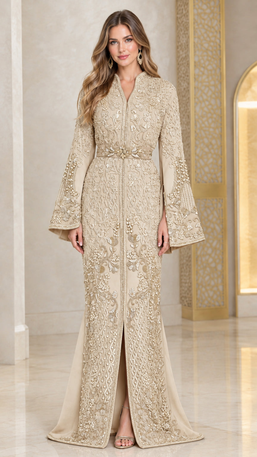Champagne beige embroidered formal caftan maxi gown