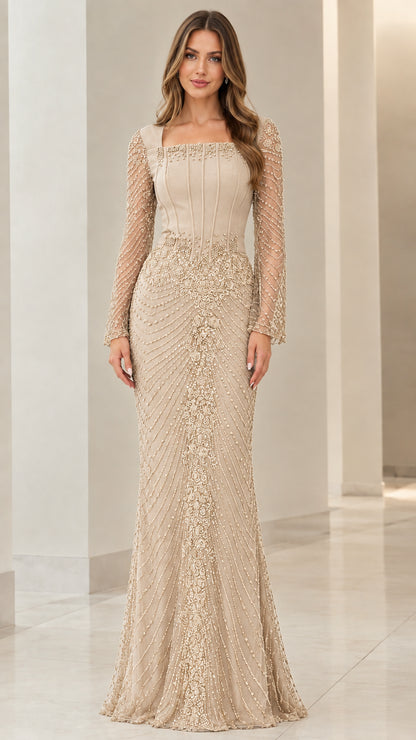 Champagne beige embellished square neck evening gown