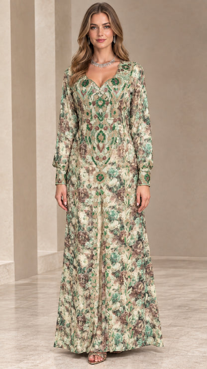 Front view of sage green floral embroidered long sleeve maxi evening dress