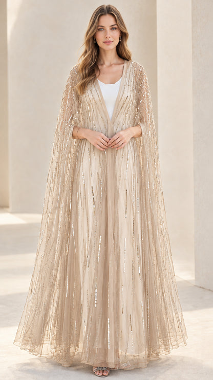 Champagne gold sheer sequined floor-length formal cape