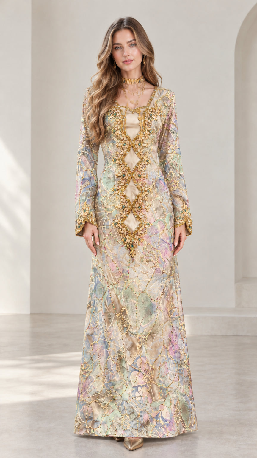 Front full-length view of champagne gold embellished formal kaftan dress