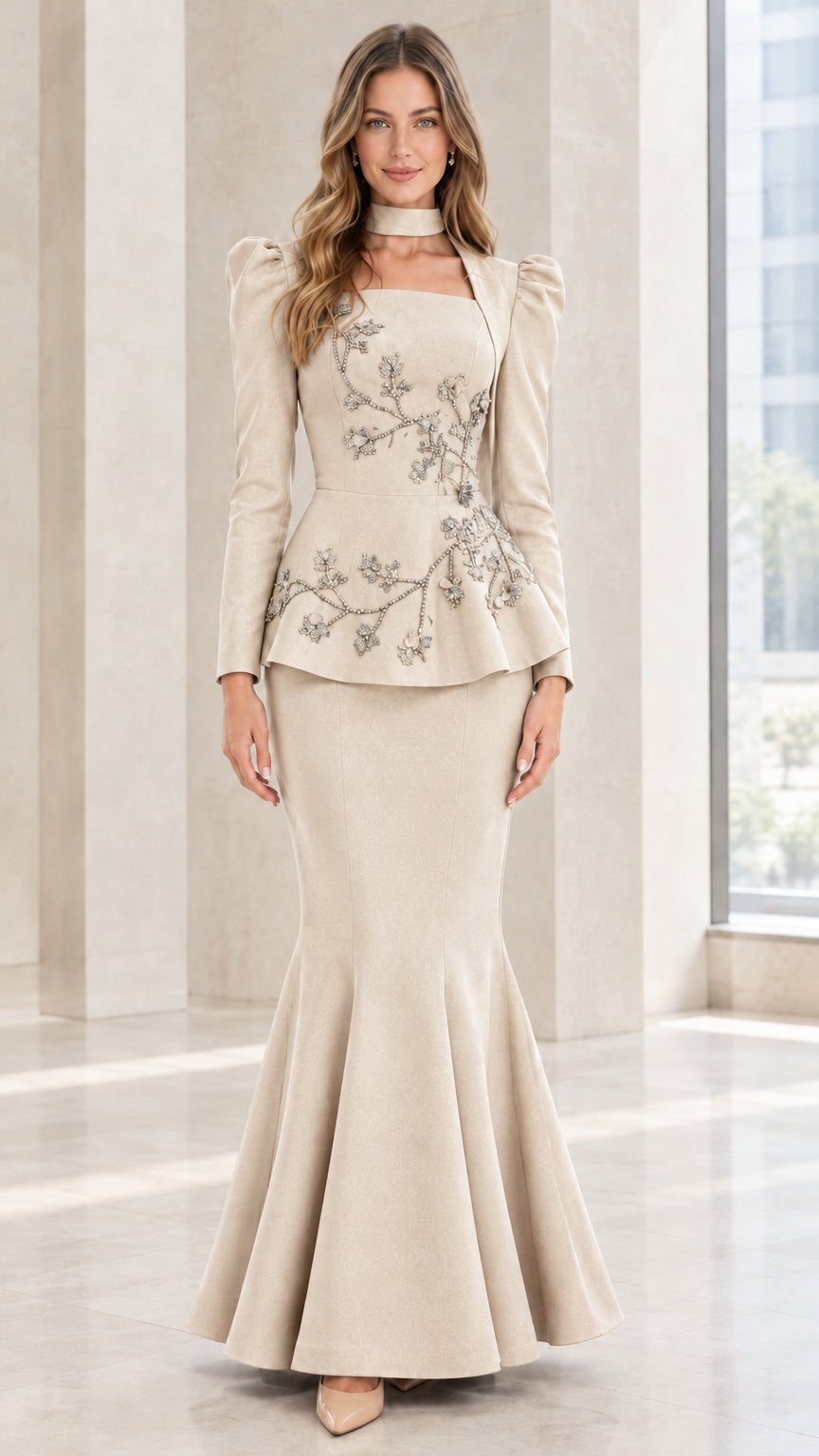Model wearing Champagne beige embellished mermaid peplum gown