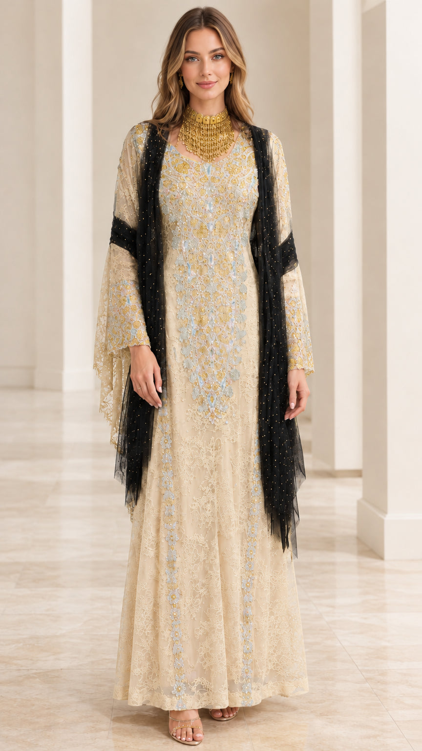 Champagne beige embroidered lace kaftan maxi dress