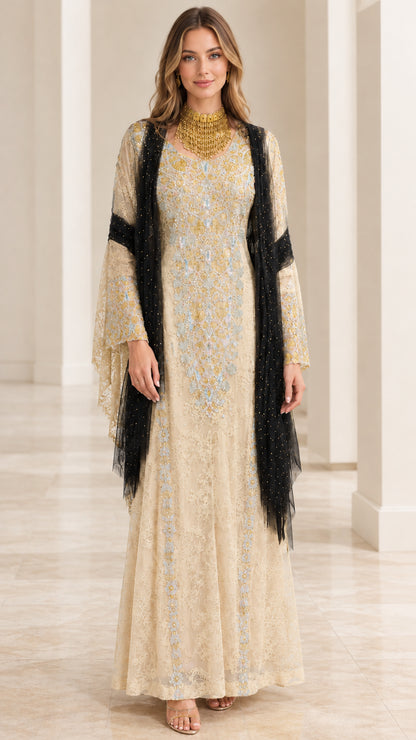 Champagne beige embroidered lace kaftan maxi dress