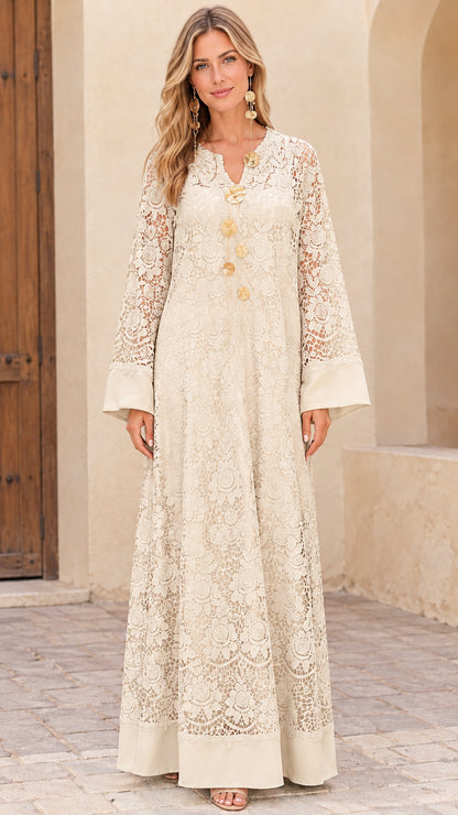 Front view of model wearing Champagne floral lace kaftan maxi dress