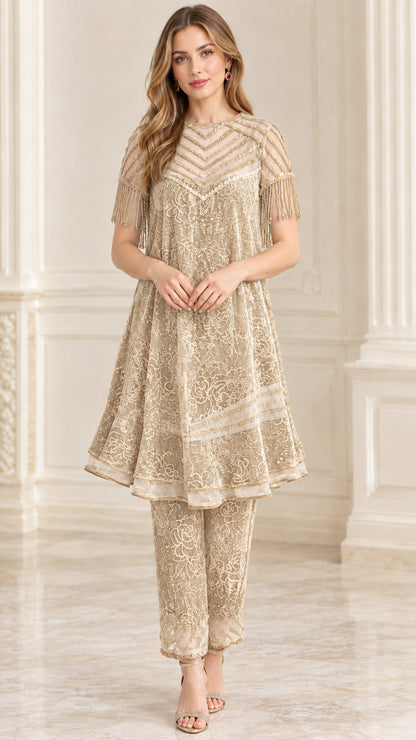 Champagne beige beaded sheer neckline velvet tunic and pant set