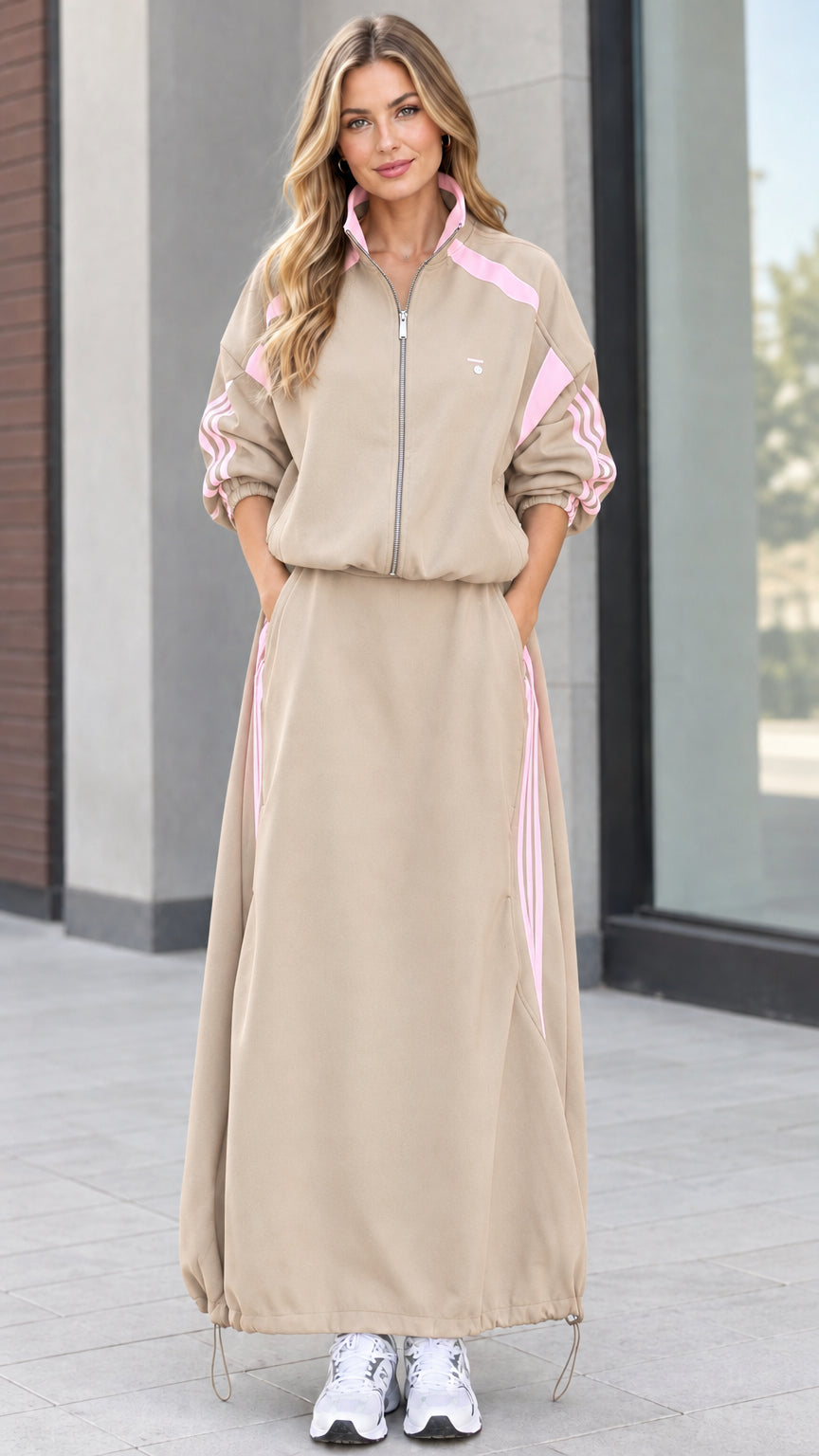 Beige two-piece sporty zip jacket and maxi skirt set with pink side stripes