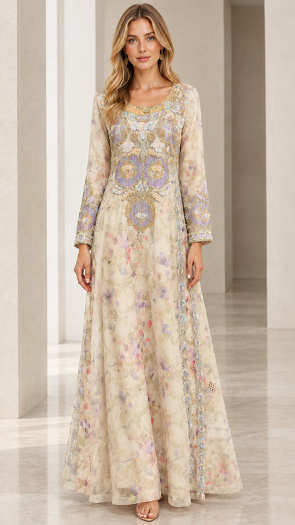 Full front view of champagne cream floral embroidered long sleeve maxi dress
