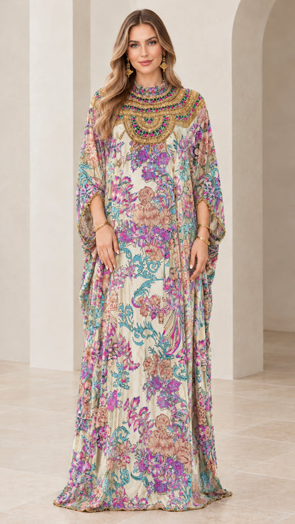 Front view of cream beige floral velvet kaftan maxi dress with ornate gold collar