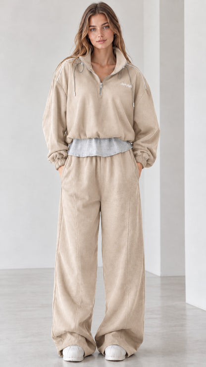 Women's beige oatmeal half-zip layered top and wide-leg sweatpants set