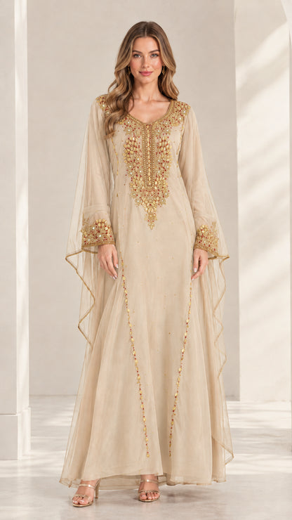 Champagne beige embroidered cape sleeve chiffon maxi kaftan dress