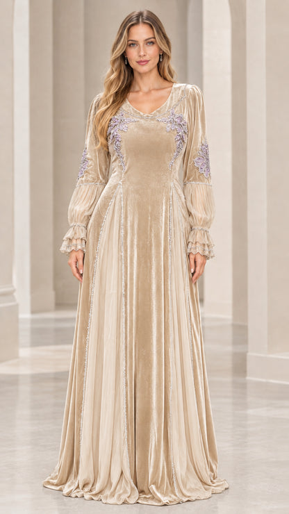 Model wearing Champagne gold embroidered velvet maxi dress