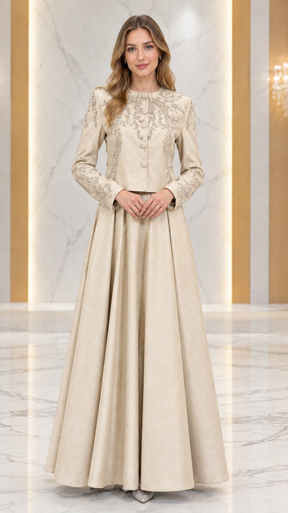 Champagne gold beaded formal jacket and floor-length evening skirt