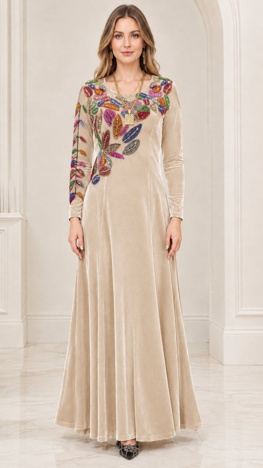 Front view of champagne beige velvet long sleeve formal maxi dress