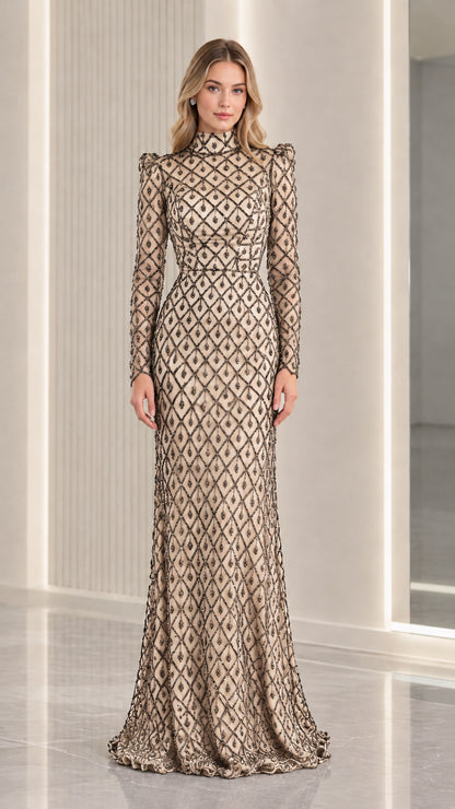 Champagne gold beaded long sleeve formal gown front view