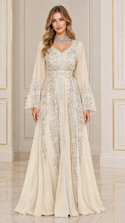 Model wearing champagne cream embroidered chiffon kaftan maxi gown