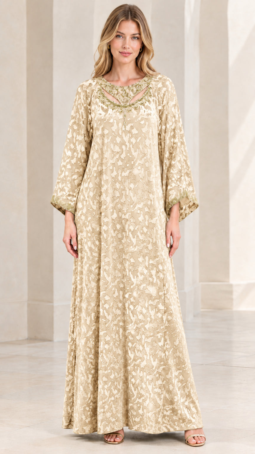 Full front view of Champagne textured kaftan maxi dress with beaded neckline