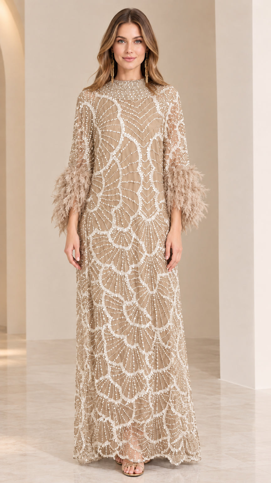 Front view of champagne gold beaded maxi dress with feather cuffs
