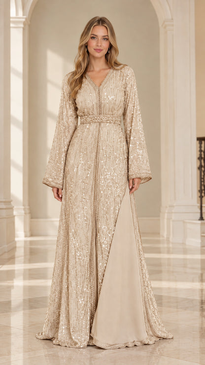 Front full-length view of Champagne gold sequined embroidered kaftan maxi dress