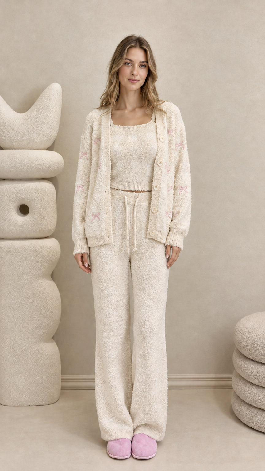 Model wearing cream off-white 3-piece fuzzy knit lounge set with embroidered bows